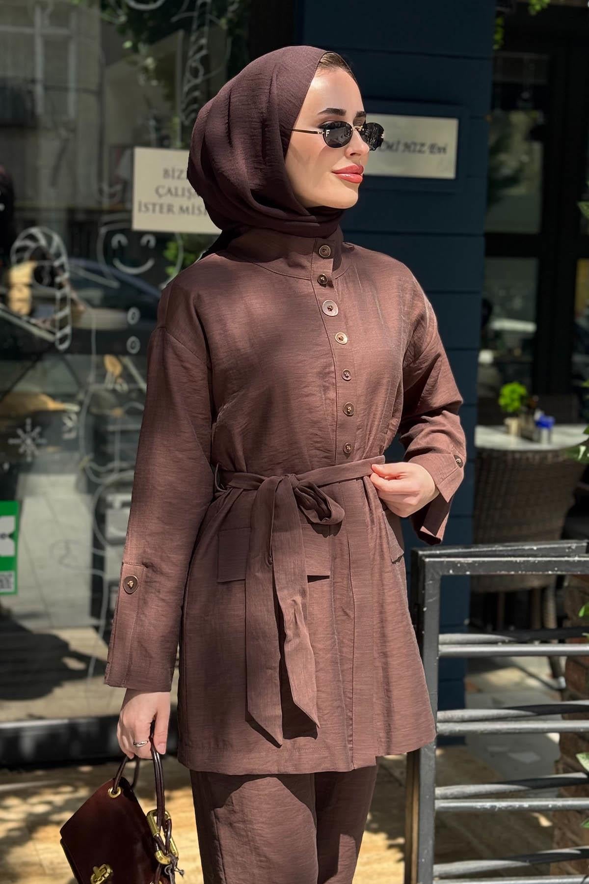 Moodbasic Bambu Keten Pantolonlu Takım MB24.710 Çikolata