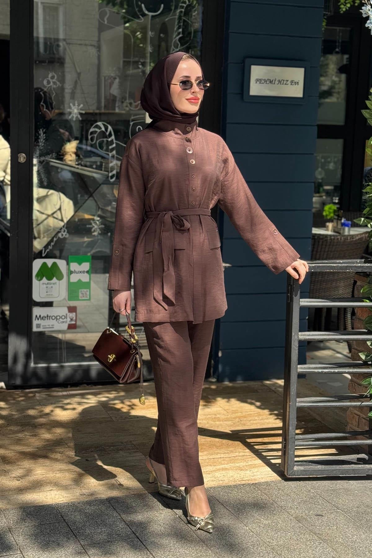 Moodbasic Bambu Keten Pantolonlu Takım MB24.710 Çikolata
