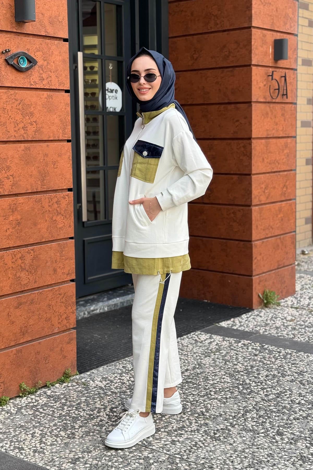 Moodbasic Pantolonlu Takım MA24.670 Ekru - Yeşil