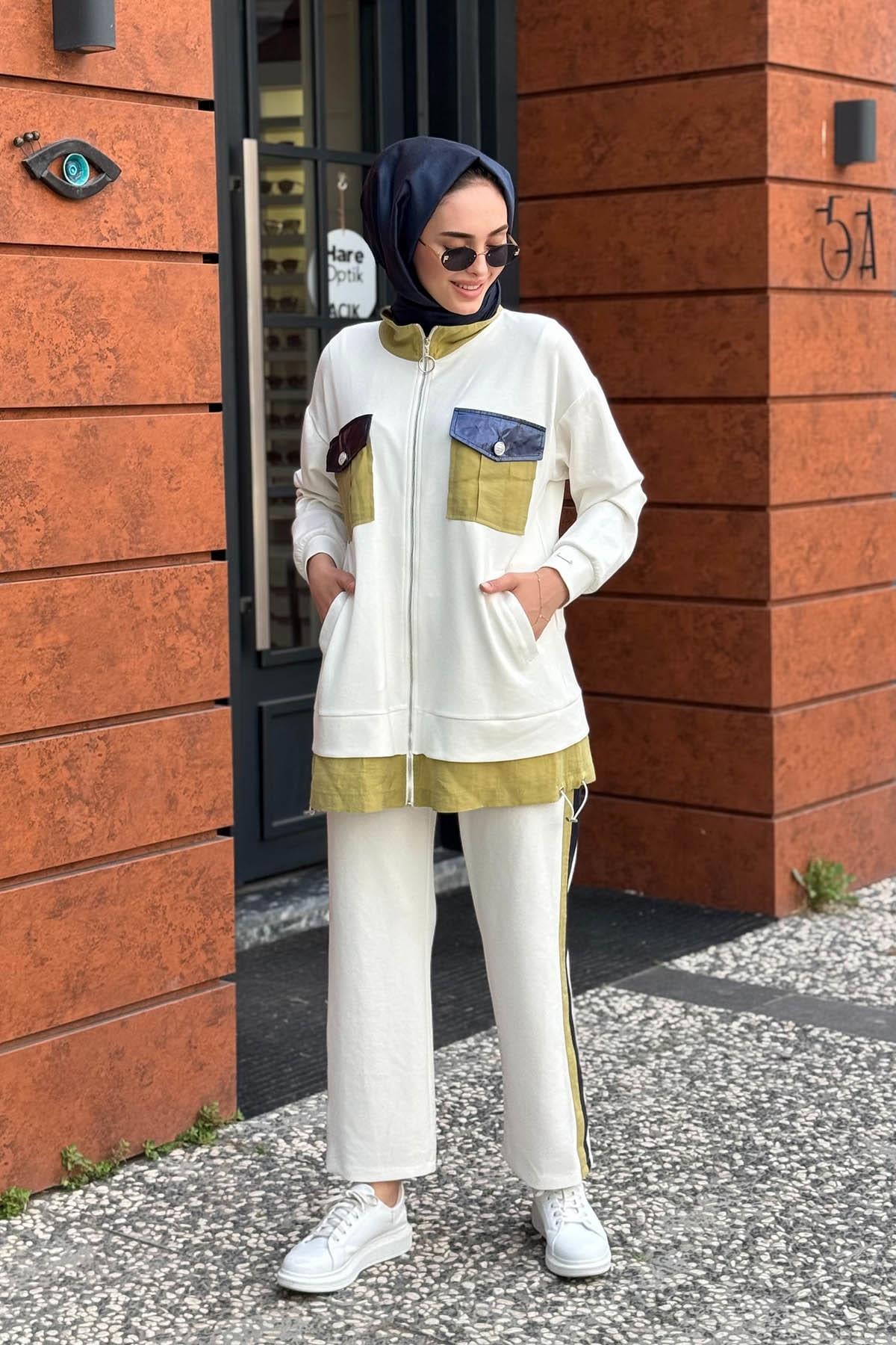 Moodbasic Pantolonlu Takım MA24.670 Ekru - Yeşil