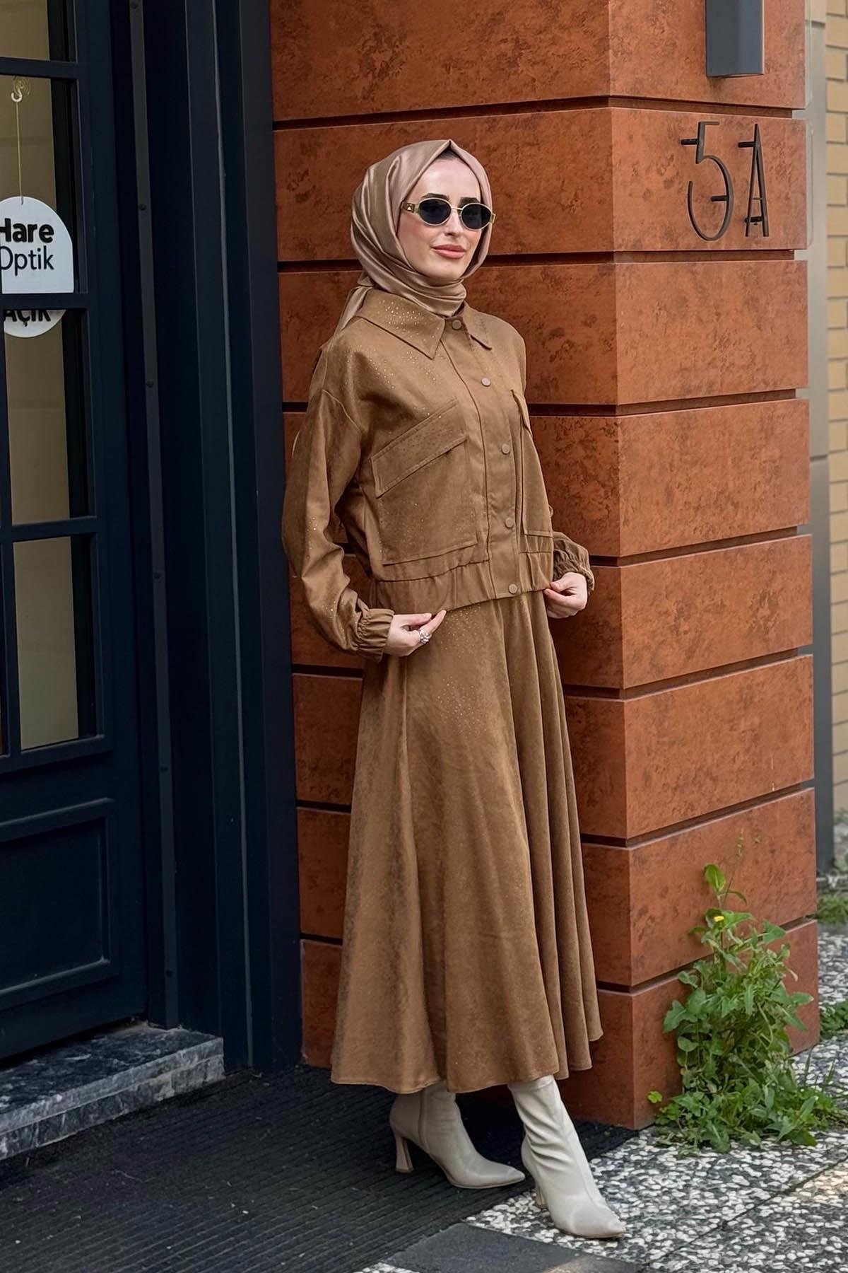 Moodbasic Taşlı Süet Etekli Takım MB24.699 Camel