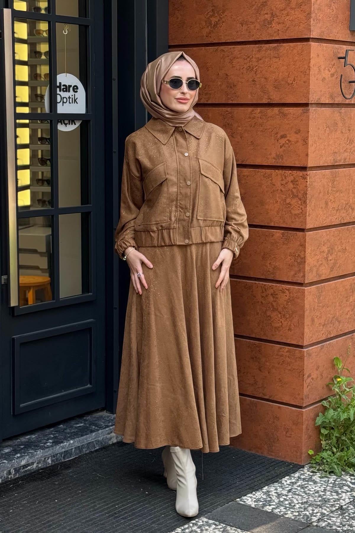 Moodbasic Taşlı Süet Etekli Takım MB24.699 Camel