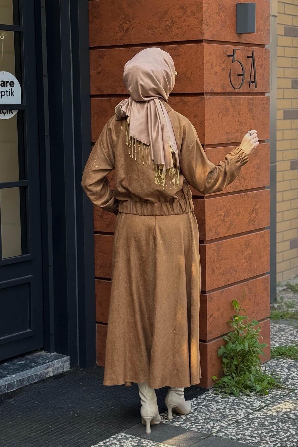 Moodbasic Taşlı Süet Etekli Takım MB24.699 Camel