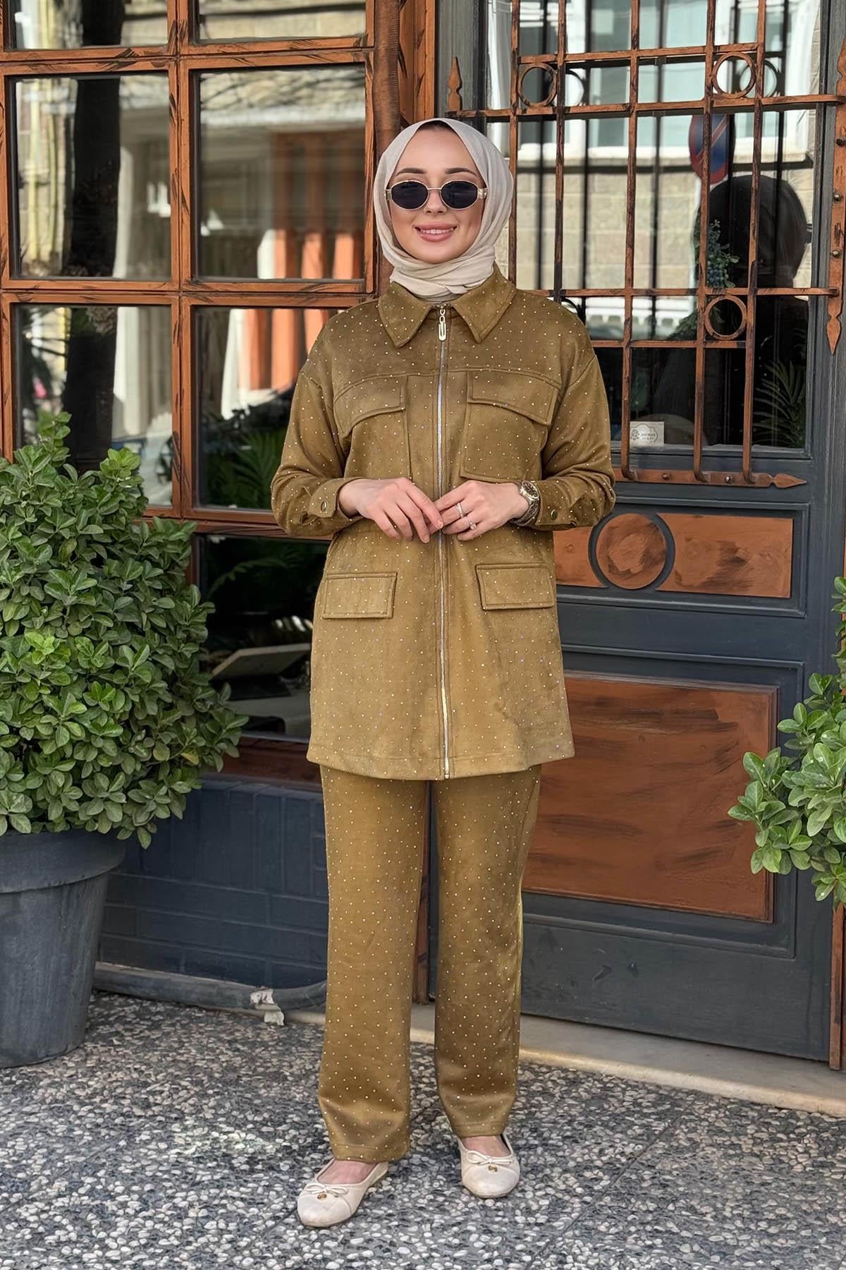 Moodbasic Taşlı Süet Pantolonlu Takım MA24.34 Oliv