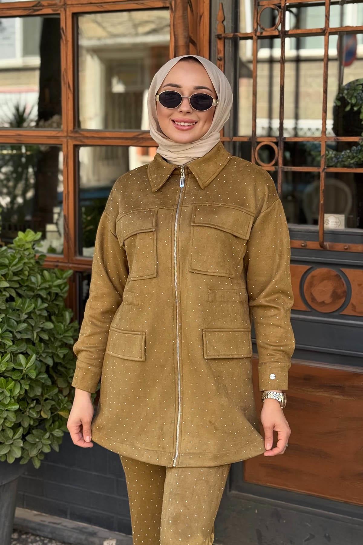 Moodbasic Taşlı Süet Pantolonlu Takım MA24.34 Oliv