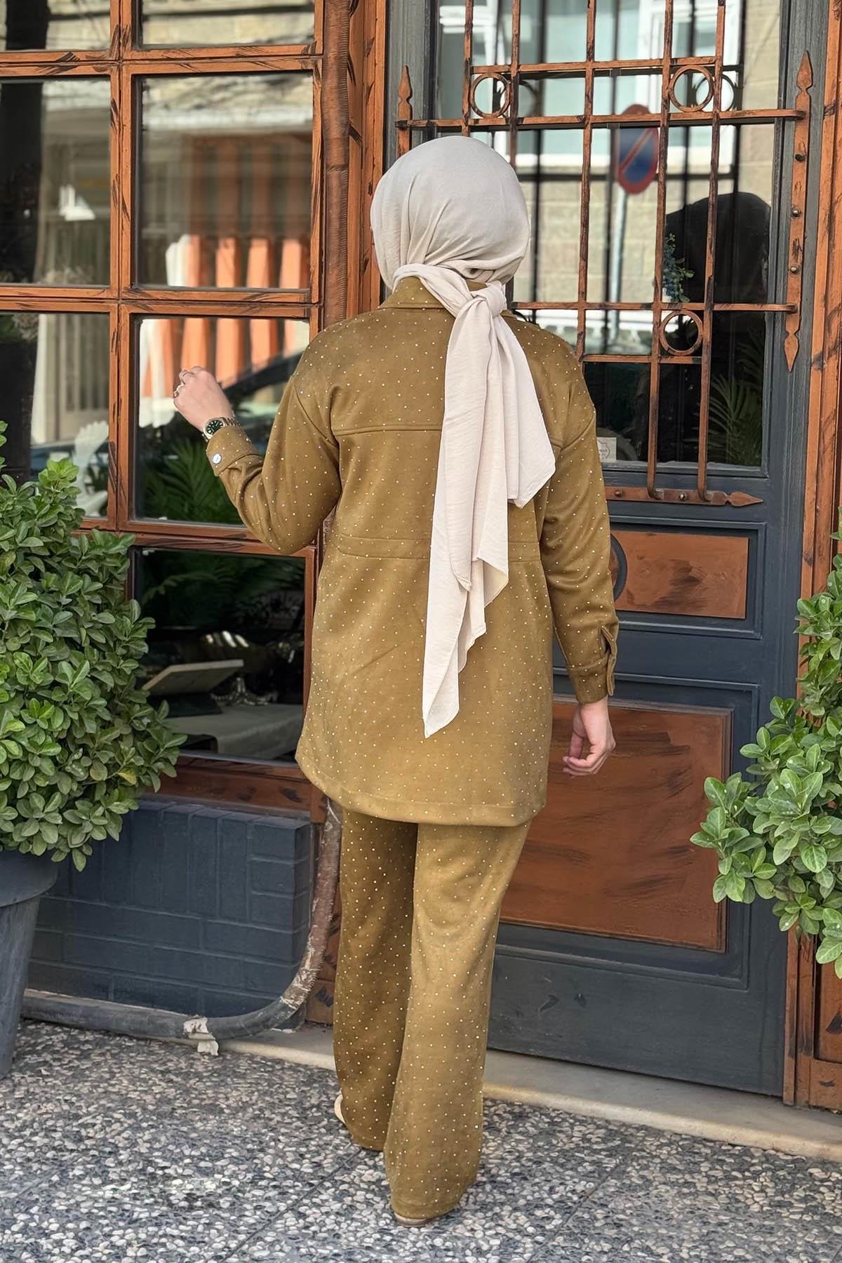 Moodbasic Taşlı Süet Pantolonlu Takım MA24.34 Oliv