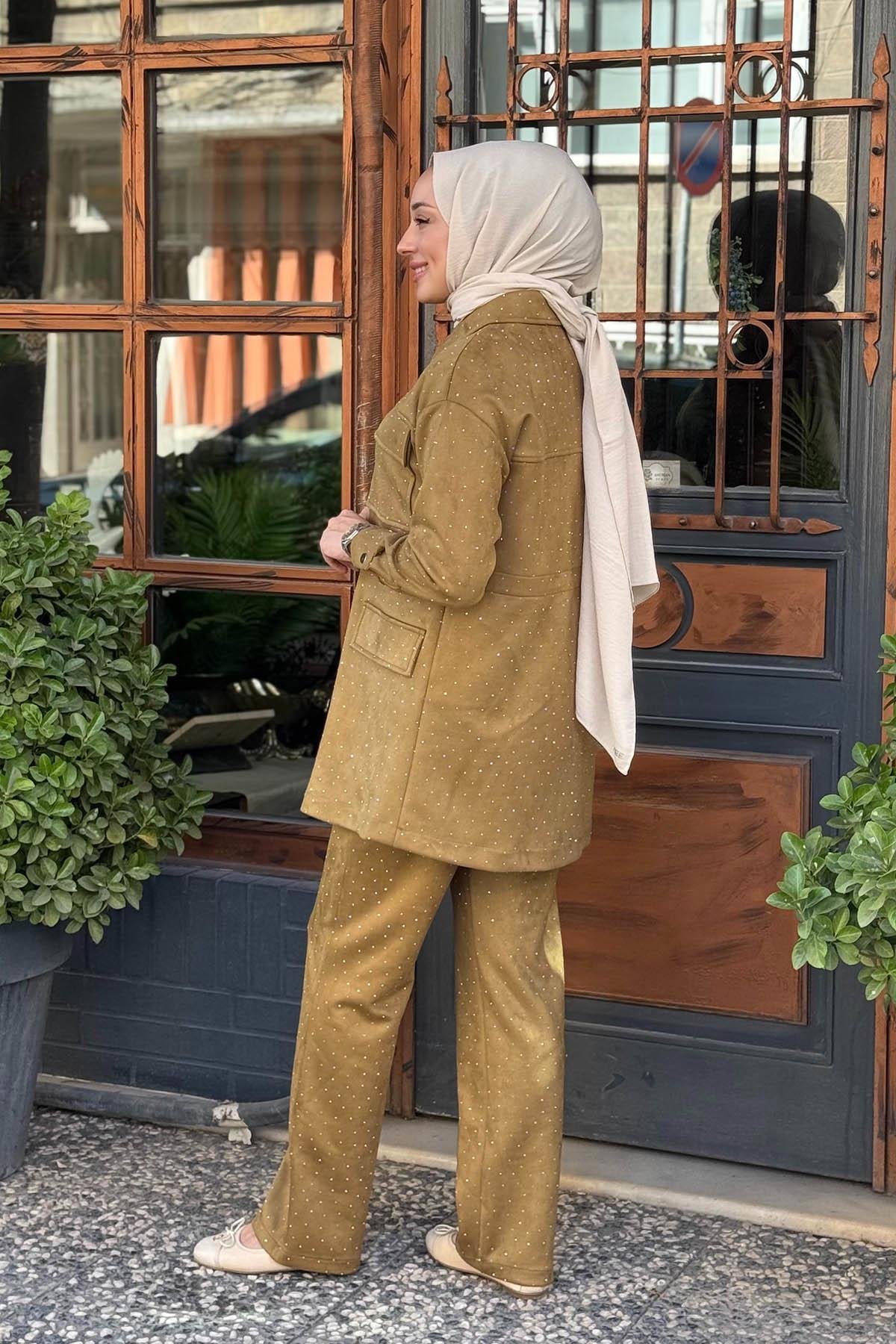 Moodbasic Taşlı Süet Pantolonlu Takım MA24.34 Oliv