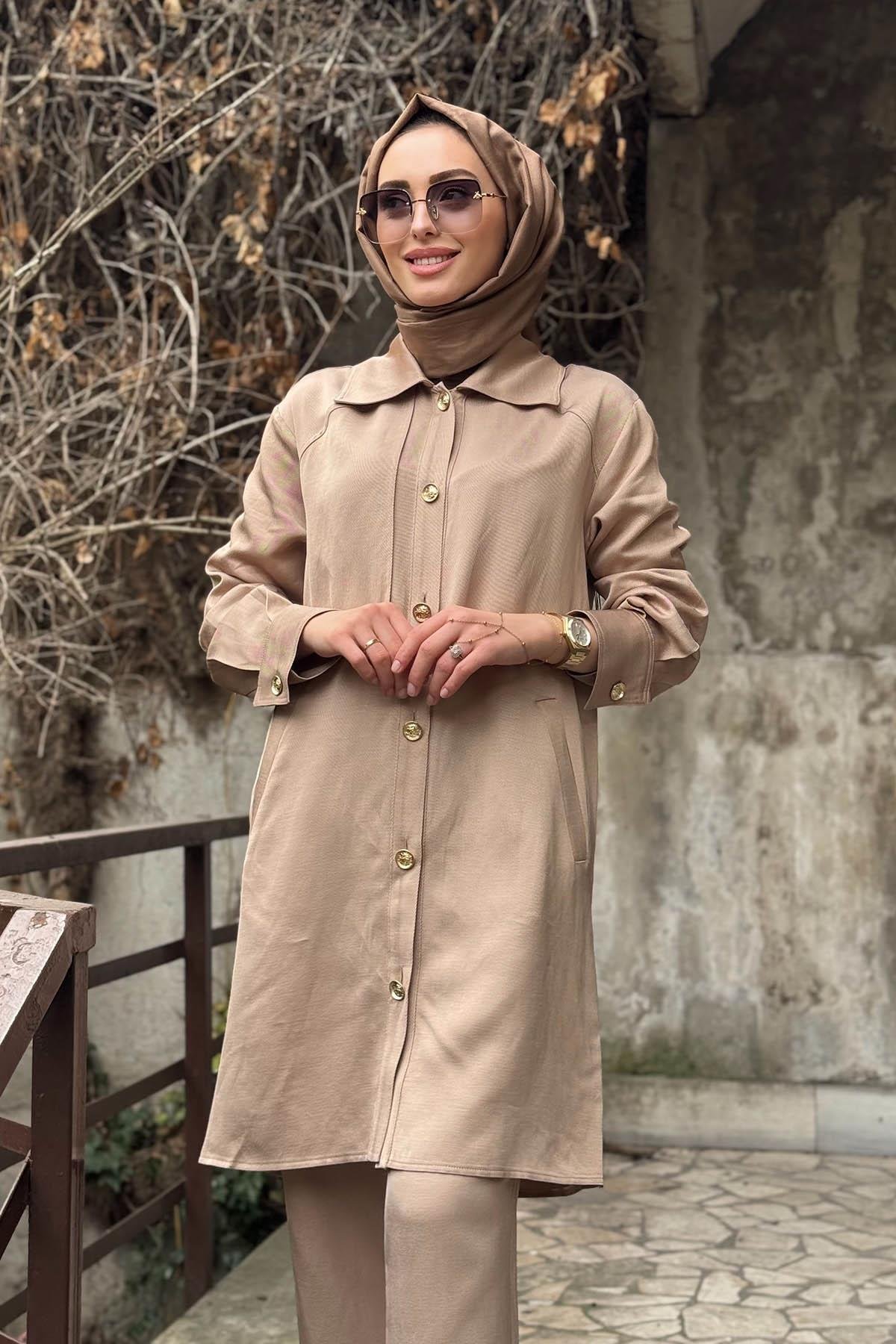 Naki & Mascara Gold Düğmeli Gömlek 25MY2111 Sütlü Kahve