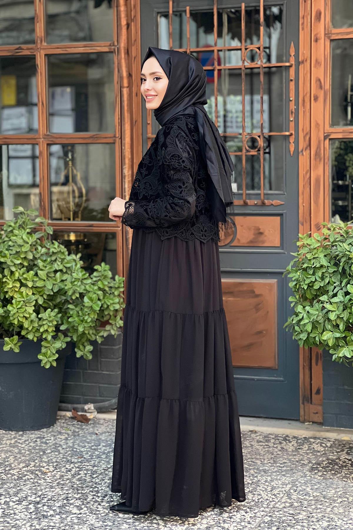 Nurcan Çetin 16137 Siyah Güpürlü Şifon Elbise | Ekshibutik.com