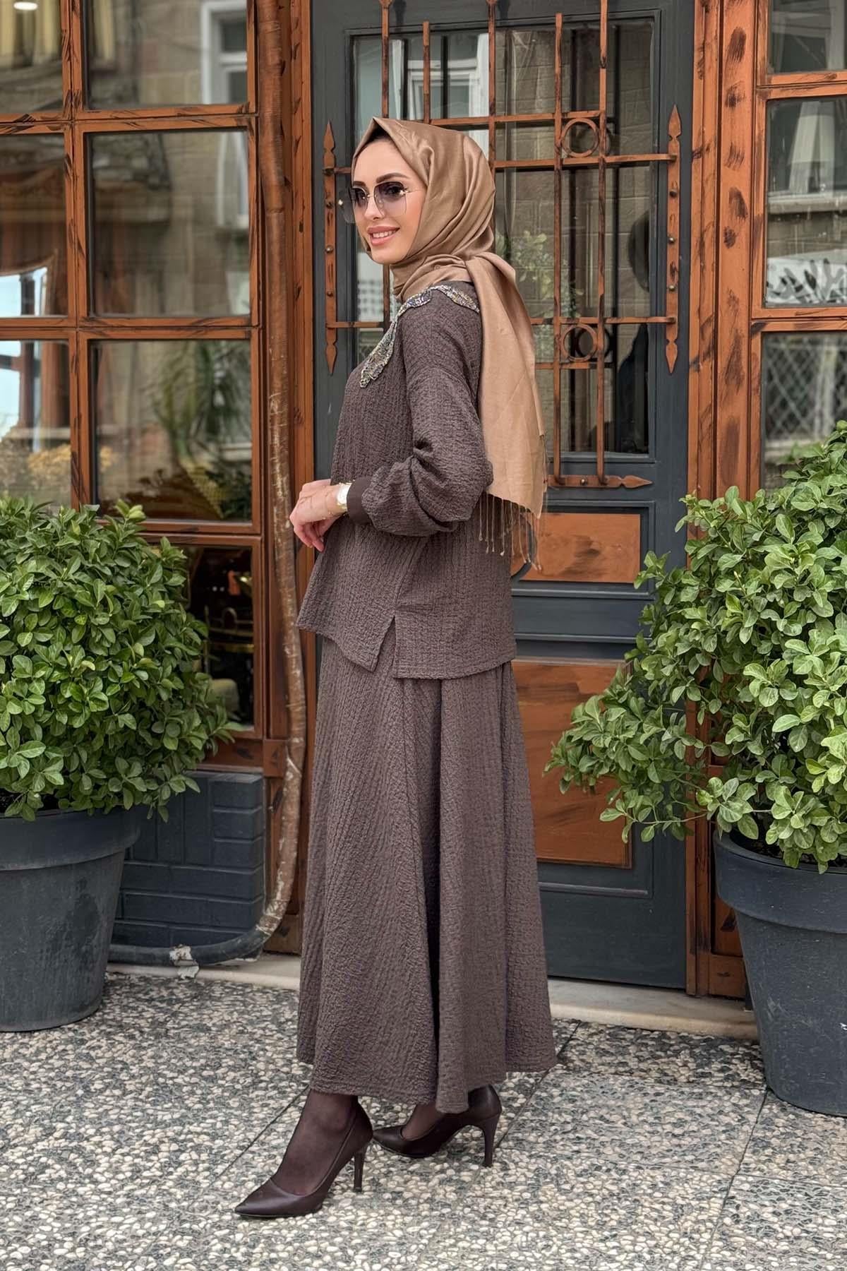 Nurcan Çetin Etekli Takım 25443 Kahve