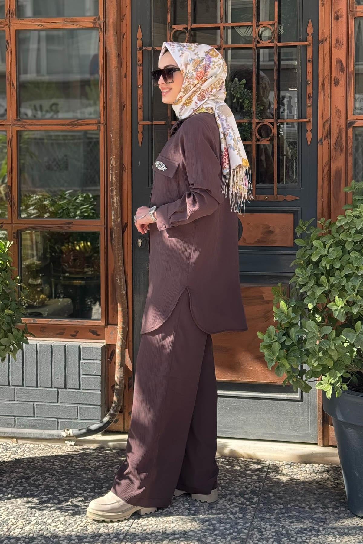 Nurcan Çetin Pantolonlu Takım 25409 Kahverengi