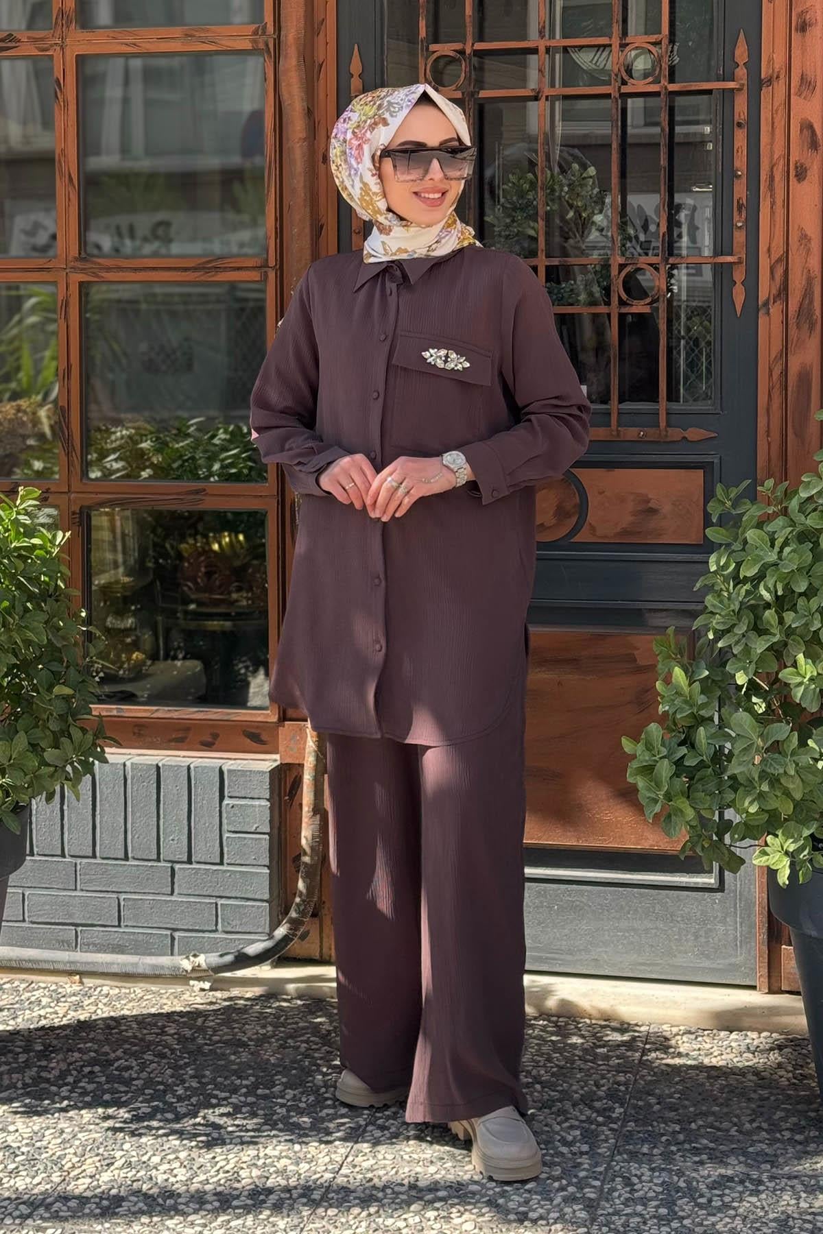 Nurcan Çetin Pantolonlu Takım 25409 Kahverengi