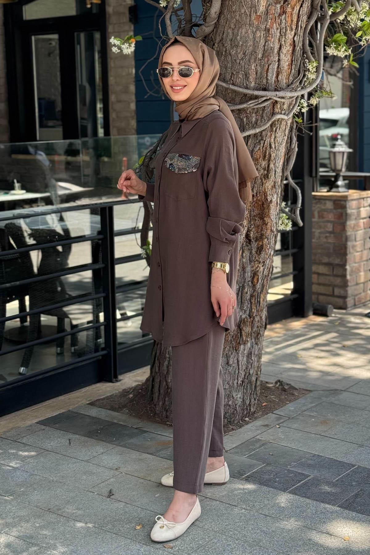 Nurcan Çetin Pantolonlu Takım 25413 Kahve