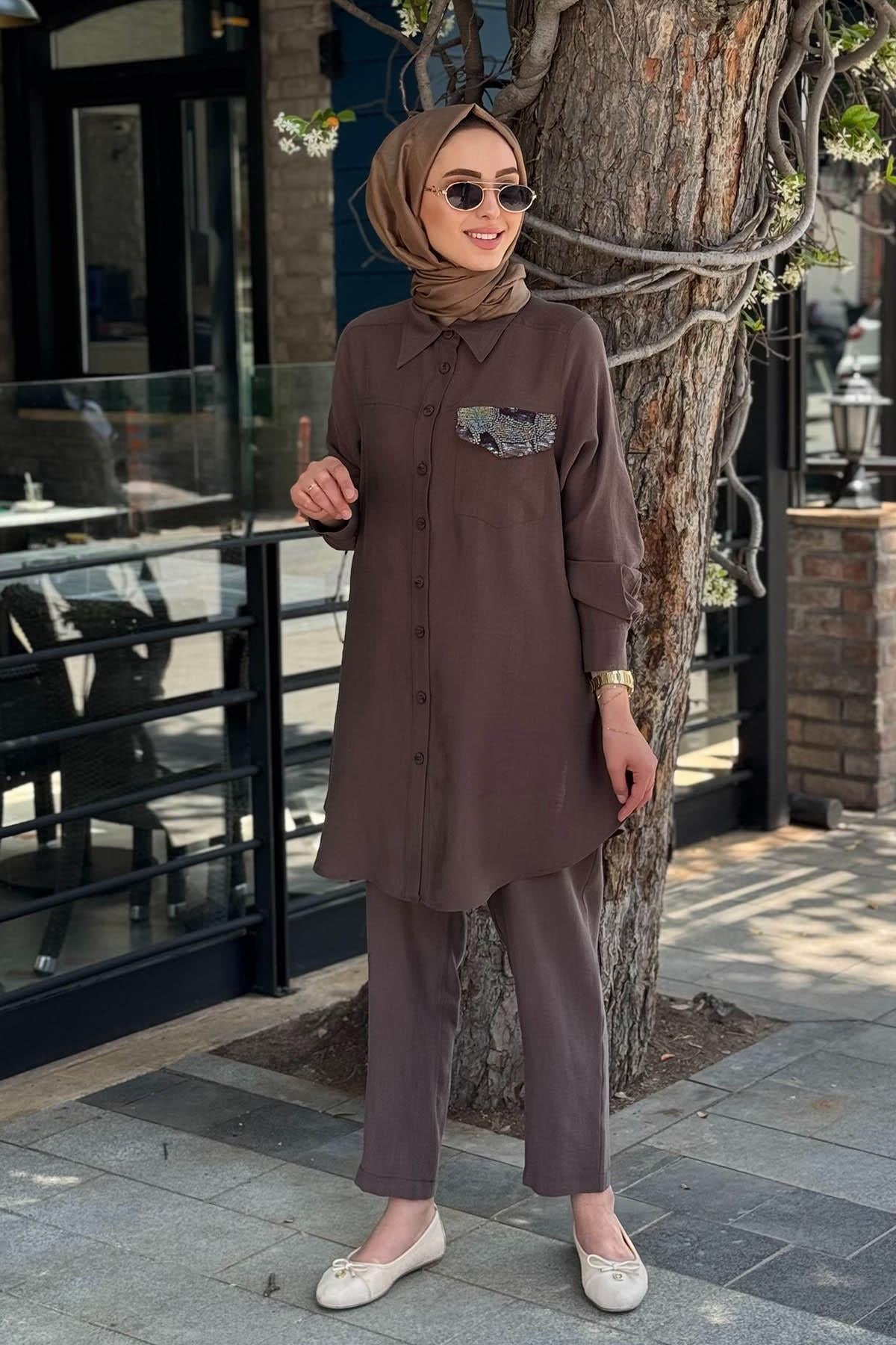Nurcan Çetin Pantolonlu Takım 25413 Kahve