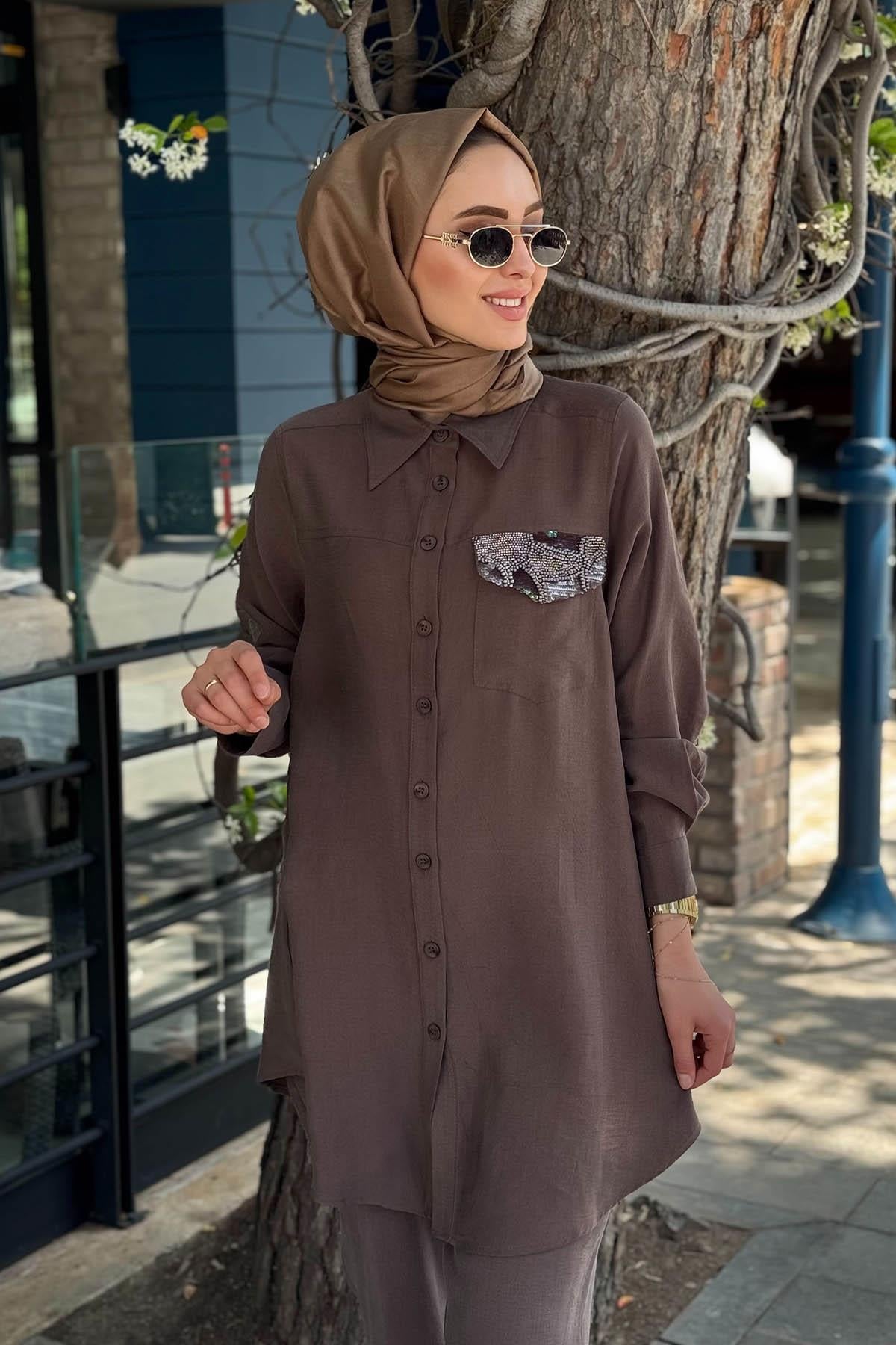 Nurcan Çetin Pantolonlu Takım 25413 Kahve