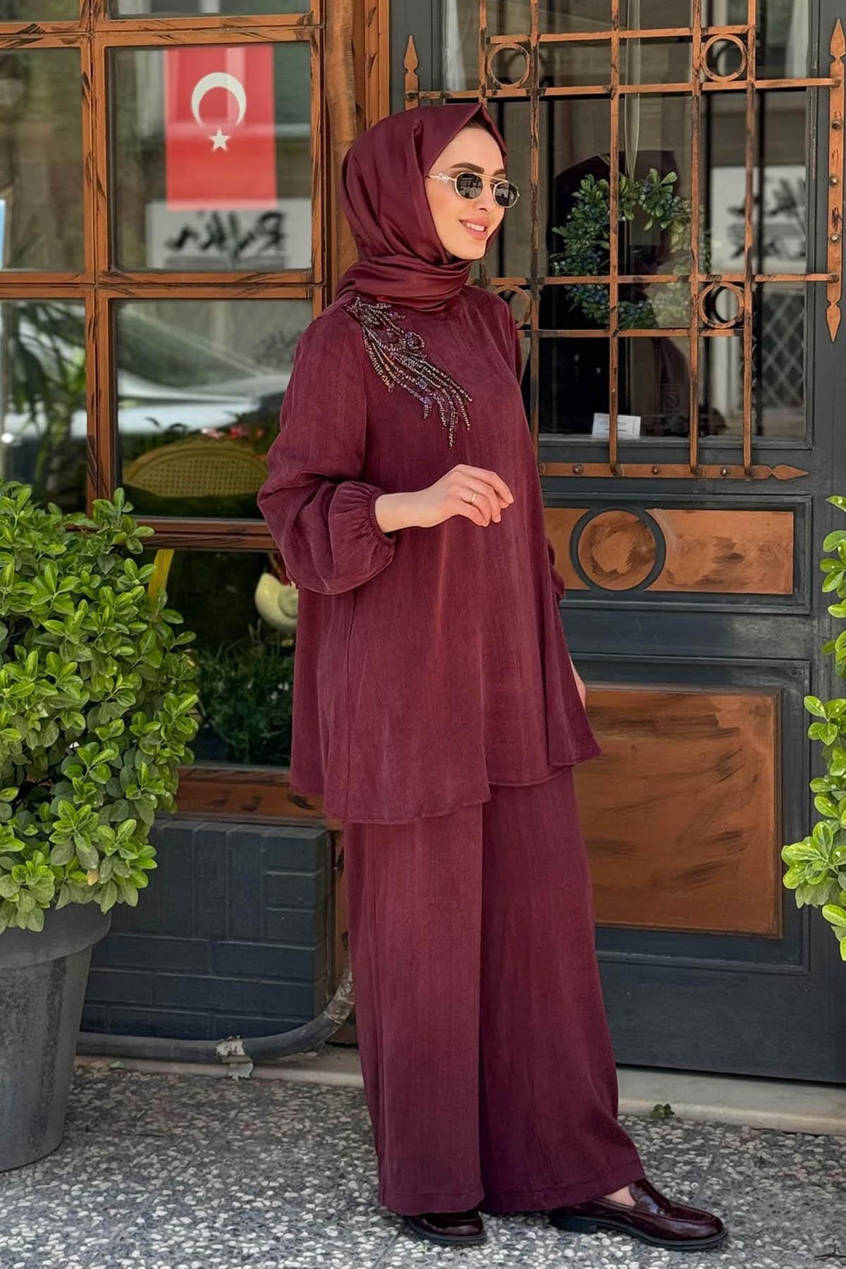 Nurcan Çetin Pantolonlu Takım 25465 Bordo