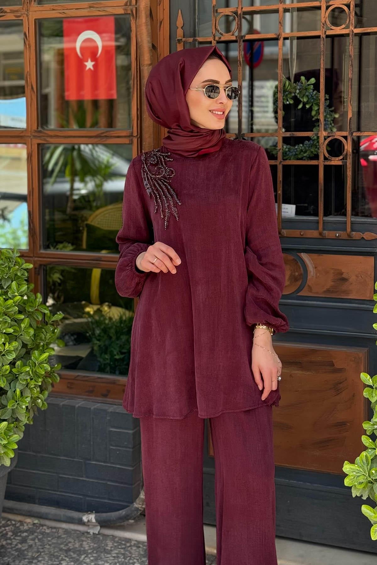 Nurcan Çetin Pantolonlu Takım 25465 Bordo