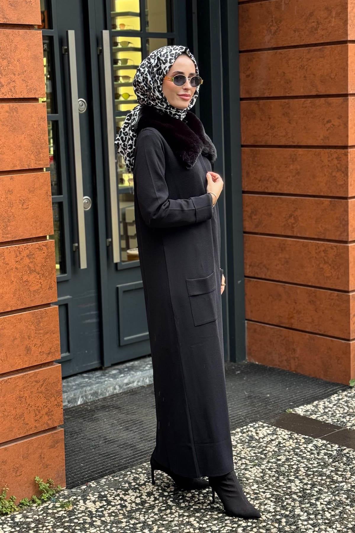 Nurcan Çetin Yakası Kürk Detaylı Hırka NR117 Siyah