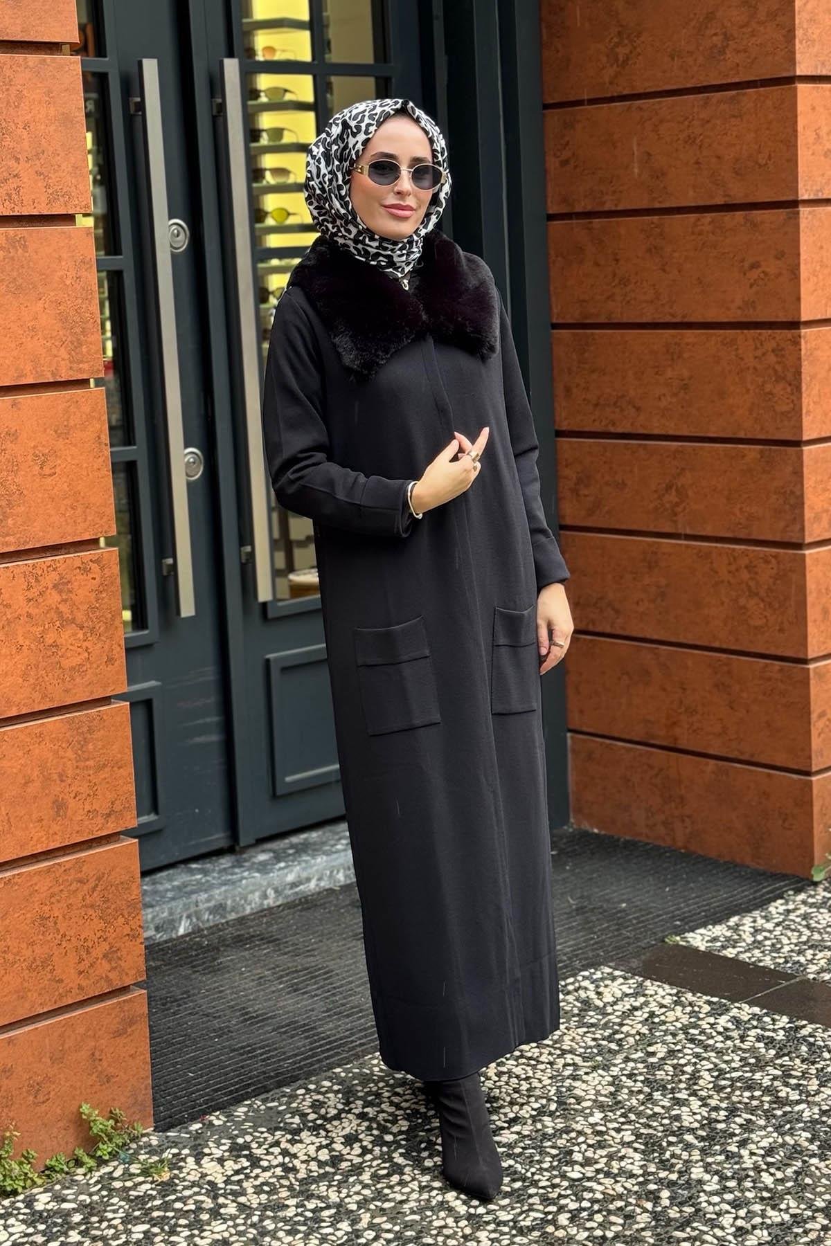 Nurcan Çetin Yakası Kürk Detaylı Hırka NR117 Siyah