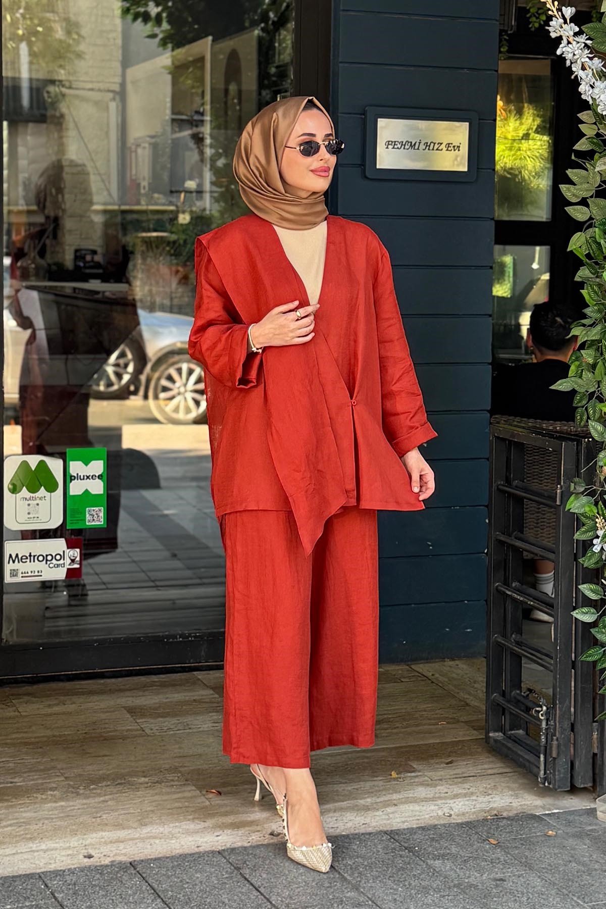 QOOQ Elix Linen Kimono 26SS619 Kiremit