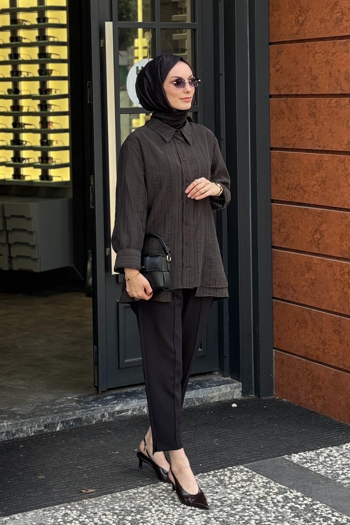 QOOQ Gömlek 27FW202 Kahve Çizgili
