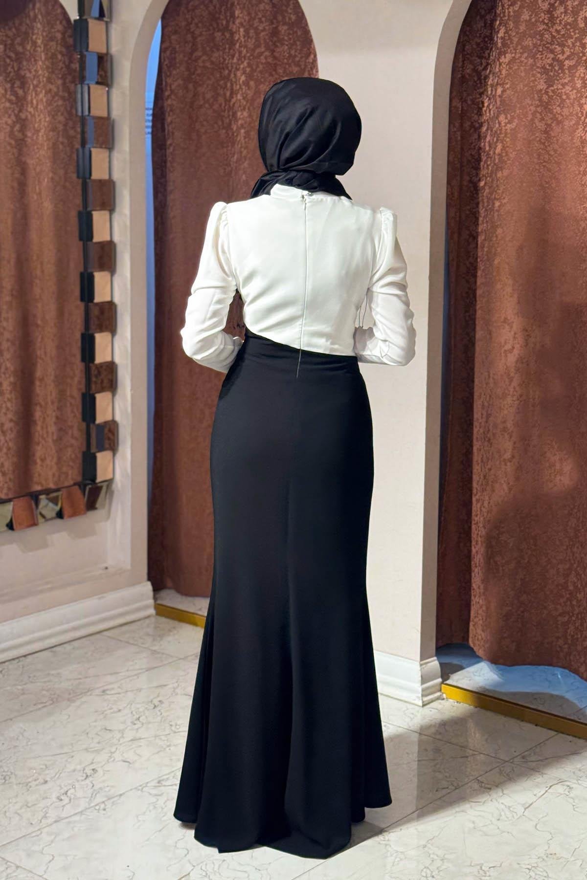 TUAY Abiye 4468 Beyaz - Siyah