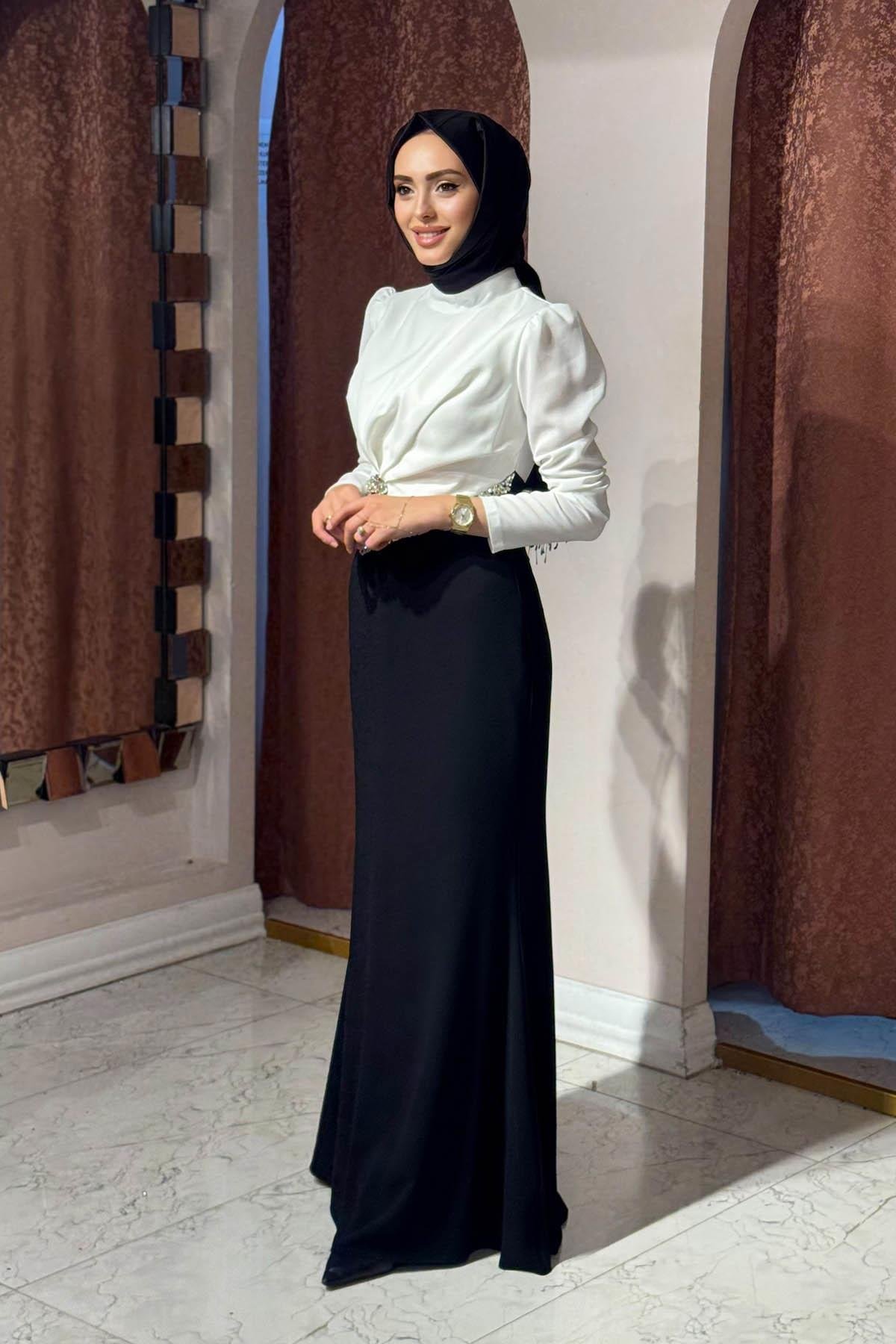 TUAY Abiye 4468 Beyaz - Siyah