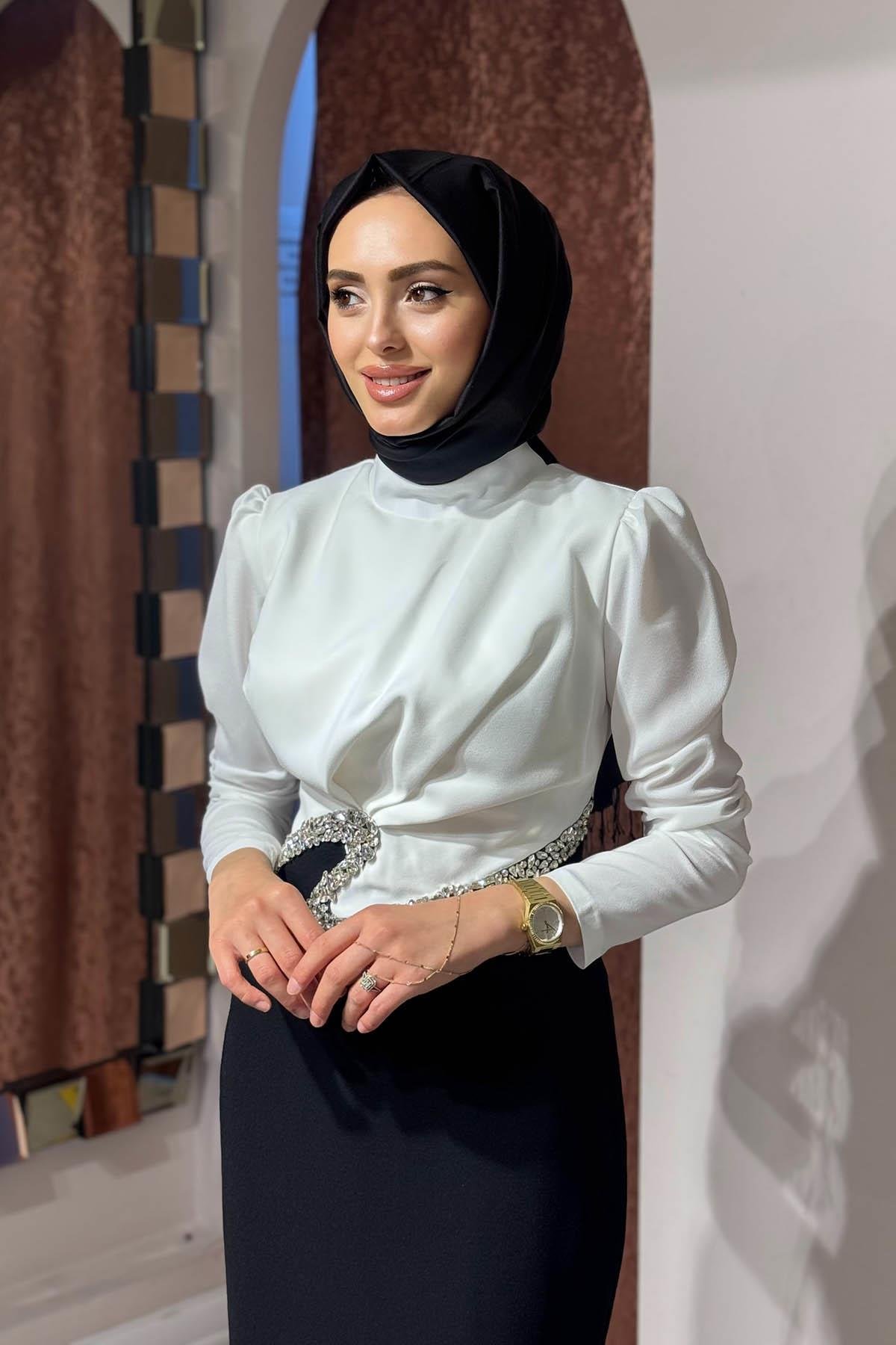 TUAY Abiye 4468 Beyaz - Siyah