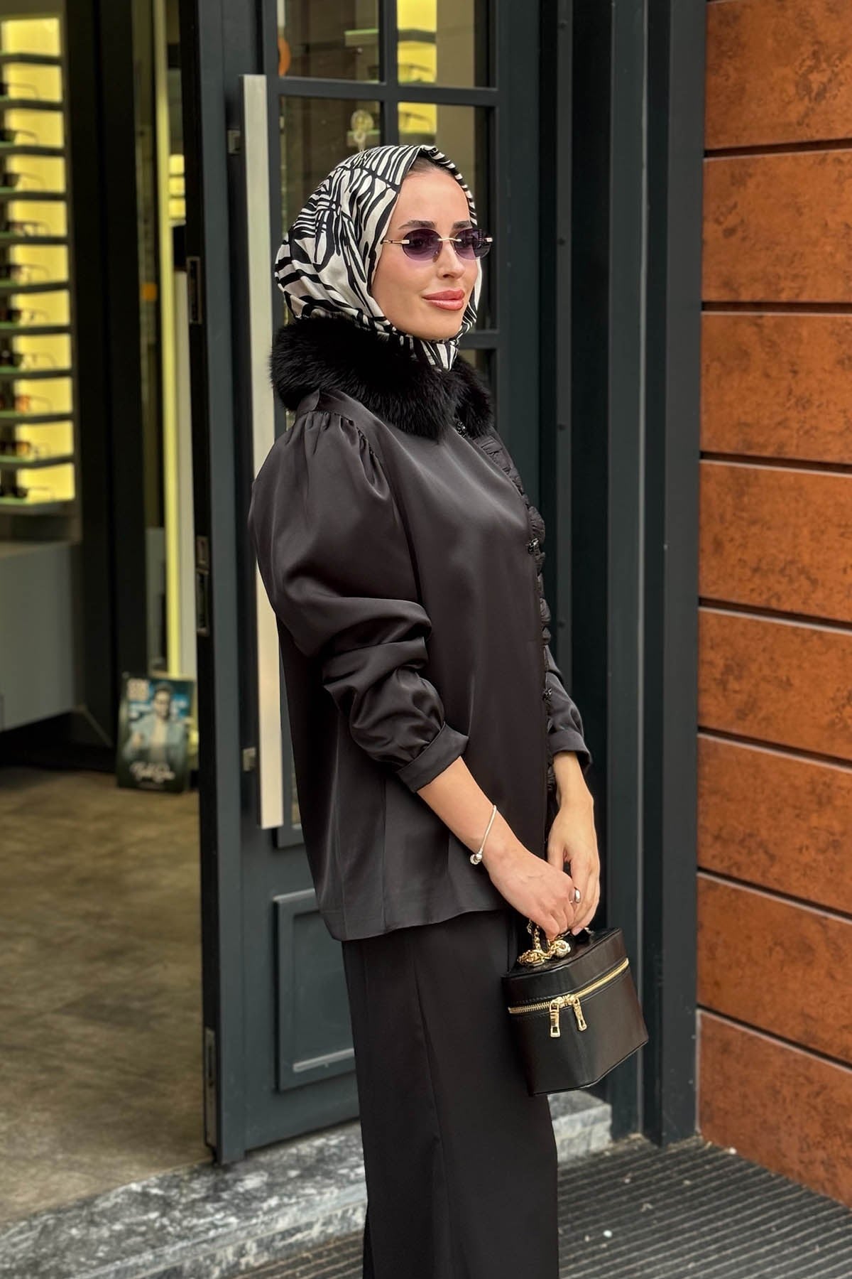 WENNORA Kürklü Pantolonlu Takım Siyah