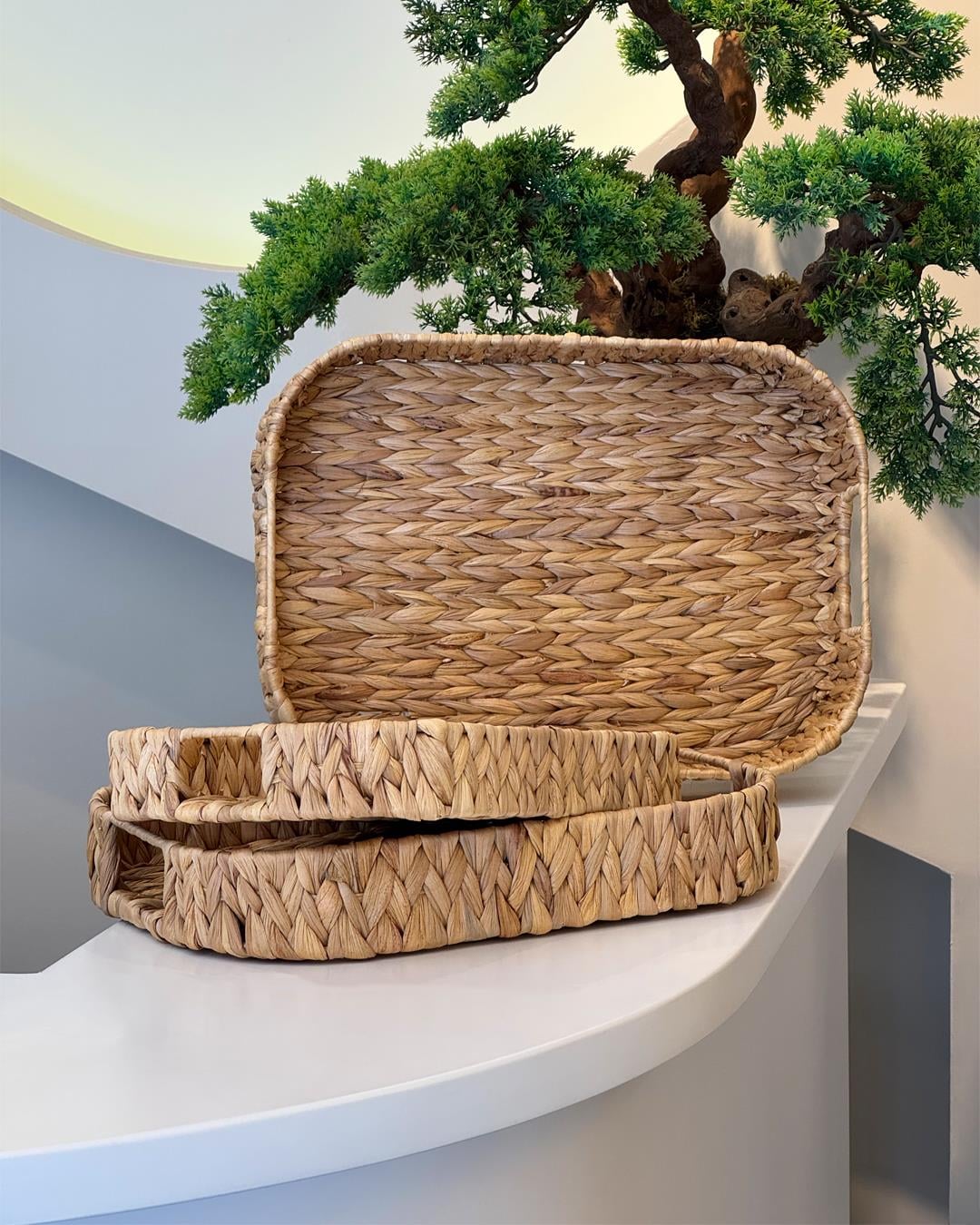 3'lü Hasır Tepsi - Çok Amaçlı Sunumluk Tepsi Dekoratif / 31.5x22x4.5cm / 35x25x5.5cm / 38x27.5x7cm