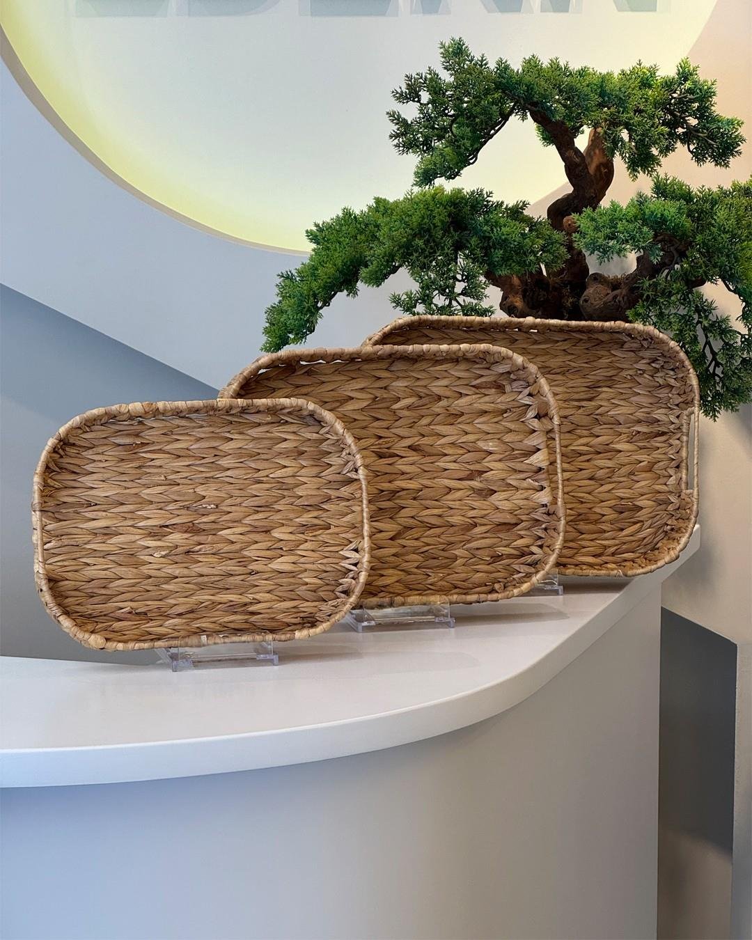 3'lü Hasır Tepsi - Çok Amaçlı Sunumluk Tepsi Dekoratif / 31.5x22x4.5cm / 35x25x5.5cm / 38x27.5x7cm