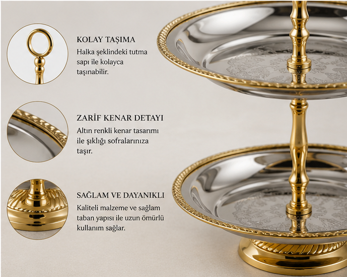 Black Pearl Gold Halat Desenli İki Katlı Sunumluk