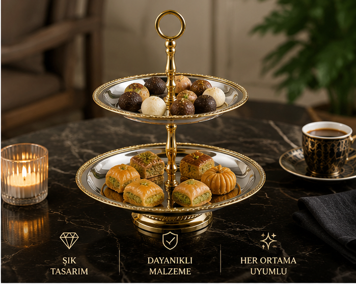 Black Pearl Gold Halat Desenli İki Katlı Sunumluk