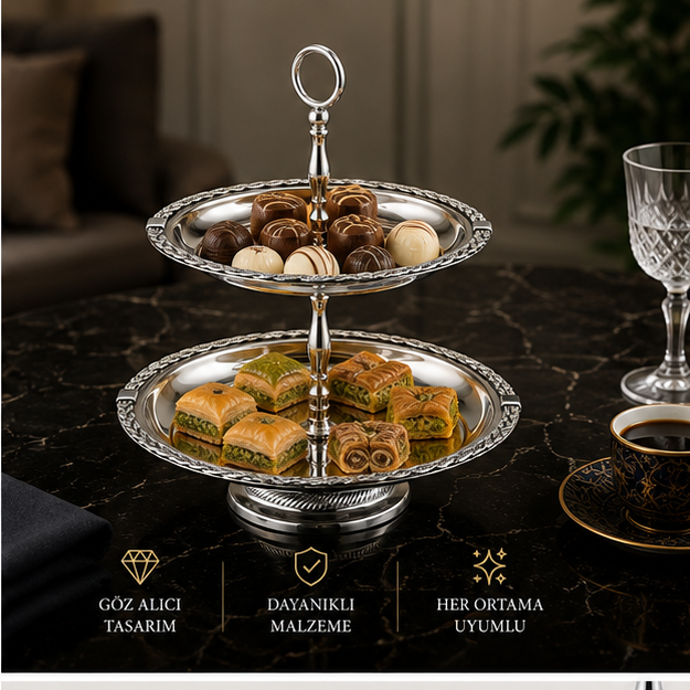 Black Pearl Gümüş Halat Desenli İki Katlı Sunumluk