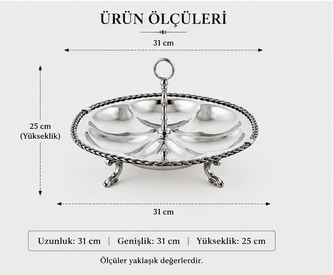 Black Pearl Gümüş Halat Desenli Kulplu 6 Bölmeli Sunumluk 