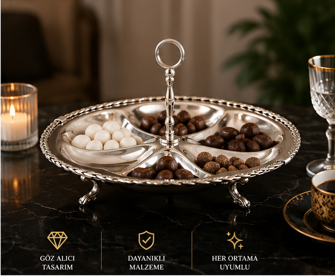 Black Pearl Gümüş Halat Desenli Kulplu 6 Bölmeli Sunumluk 