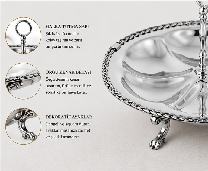 Black Pearl Gümüş Halat Desenli Kulplu 6 Bölmeli Sunumluk 