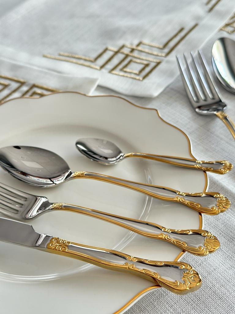 Elegant 42 Parça 6 Kişilik Dekorlu Altın Çatal Kaşık Bıçak Seti