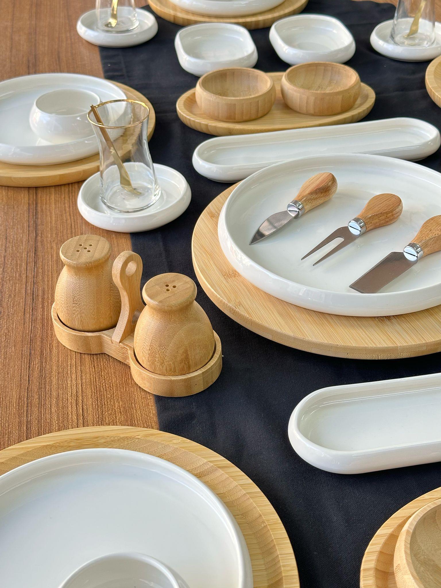 Kahvaltı Takımı 60 Parça 6 Kişilik Yuvarlak Bambu&Beyaz