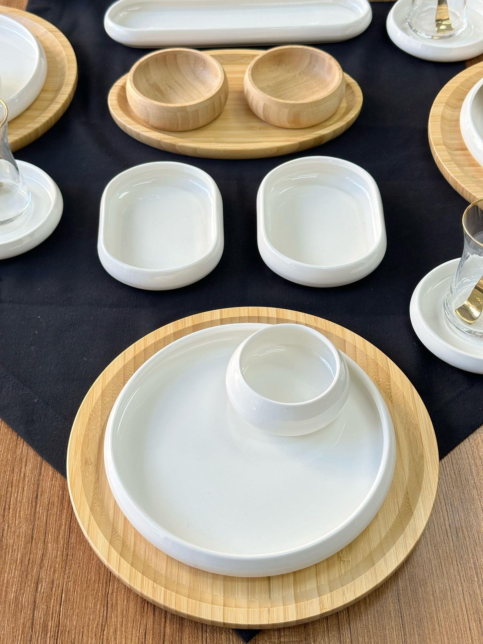 Kahvaltı Takımı 60 Parça 6 Kişilik Yuvarlak Bambu&Beyaz