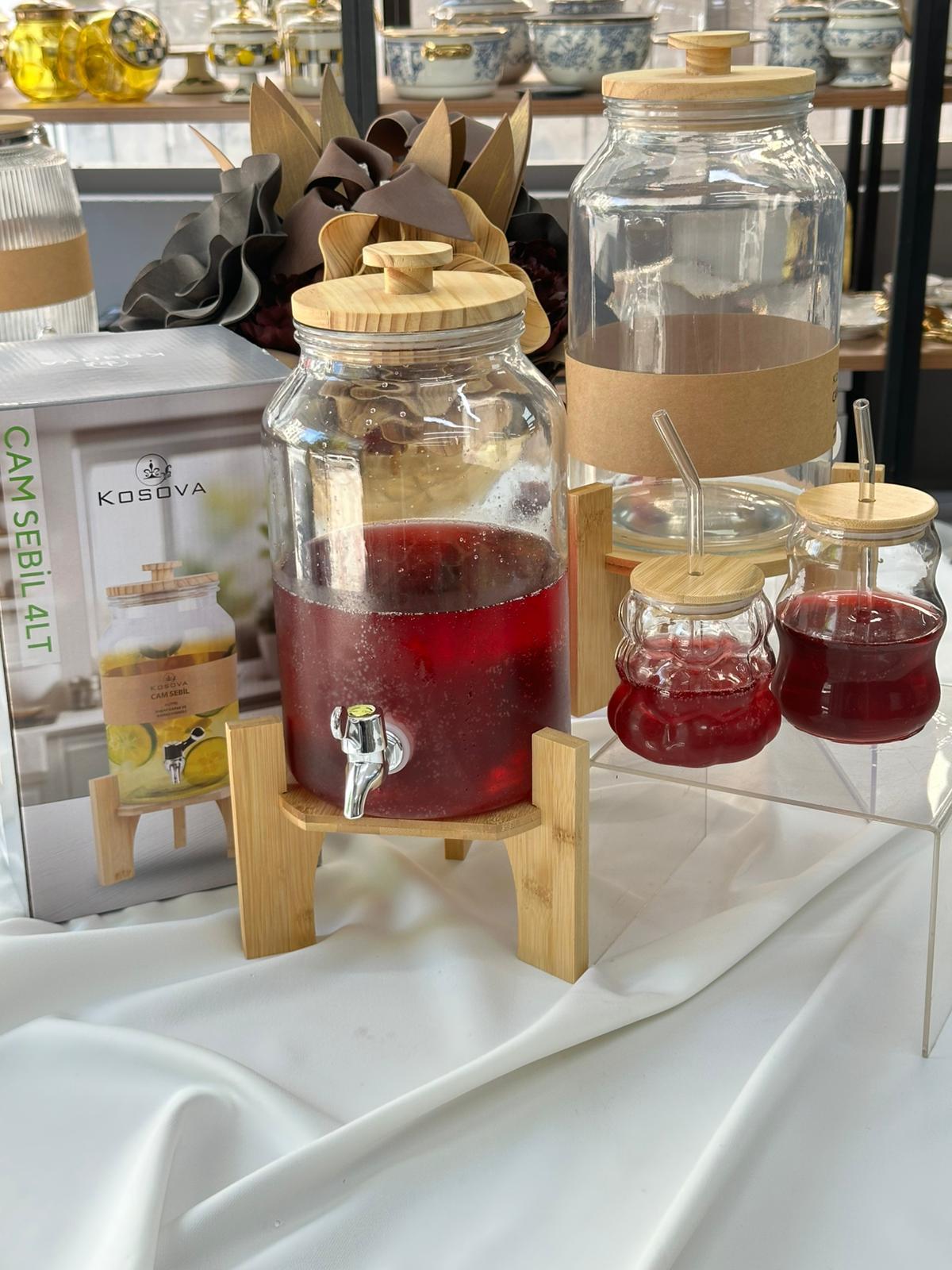 Kosova Bambu Standlı Şerbet Limonata Cam Sebil 4 Lt (2'Lİ BARDAK HEDİYE)