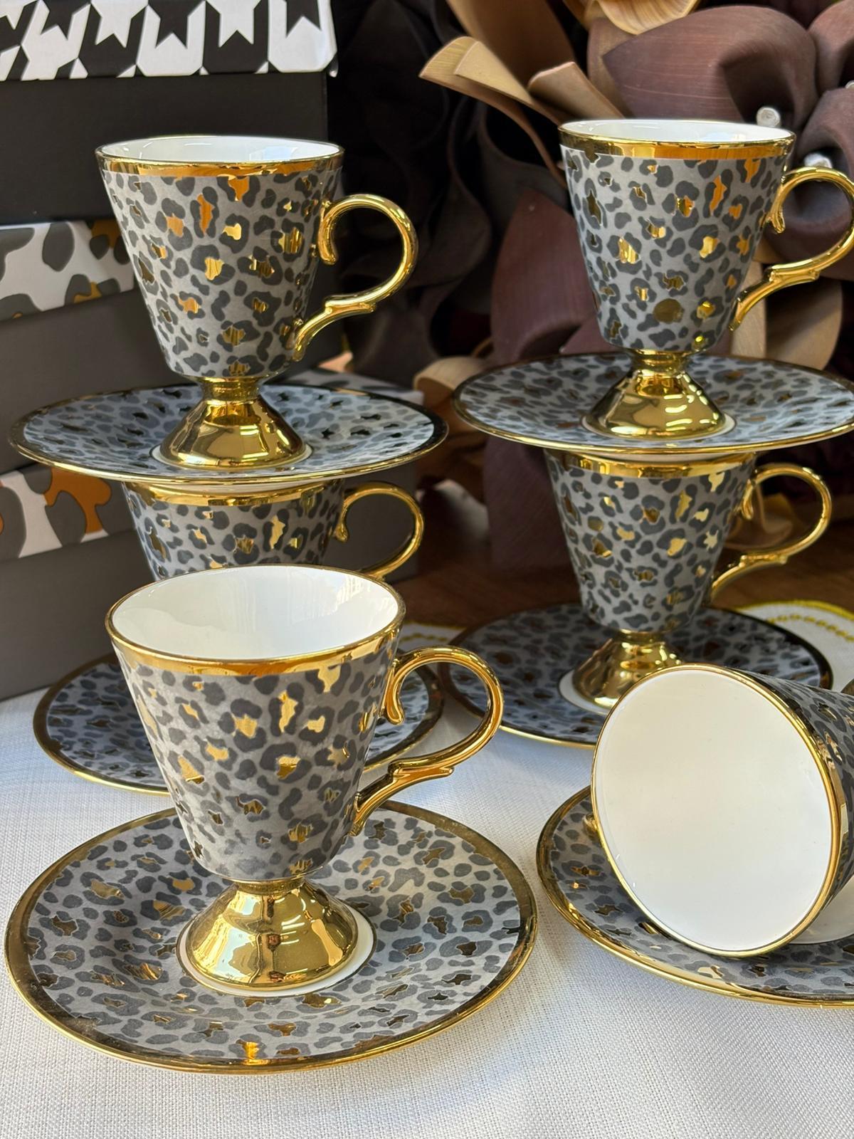 Türk Kahve Fincanı Leopar Desenli 6 Kişilik 12 Parça / Gri