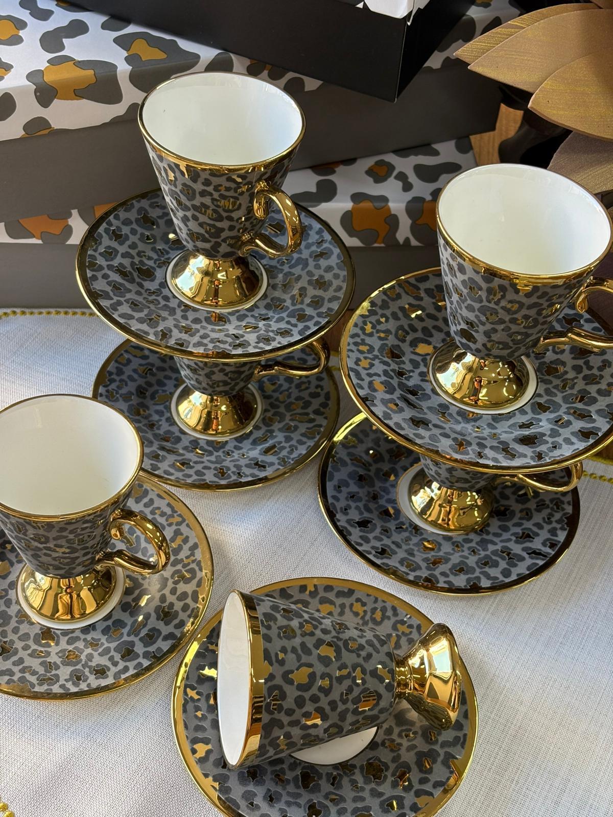 Türk Kahve Fincanı Leopar Desenli 6 Kişilik 12 Parça / Gri