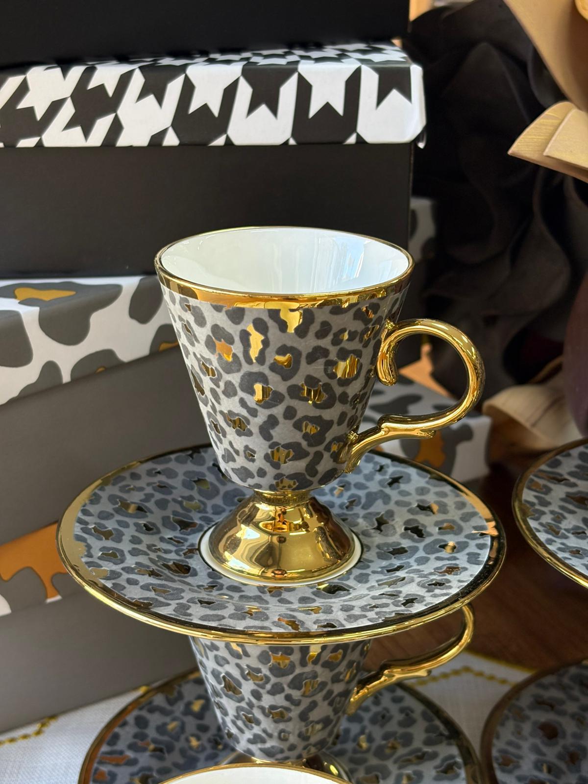 Türk Kahve Fincanı Leopar Desenli 6 Kişilik 12 Parça / Gri