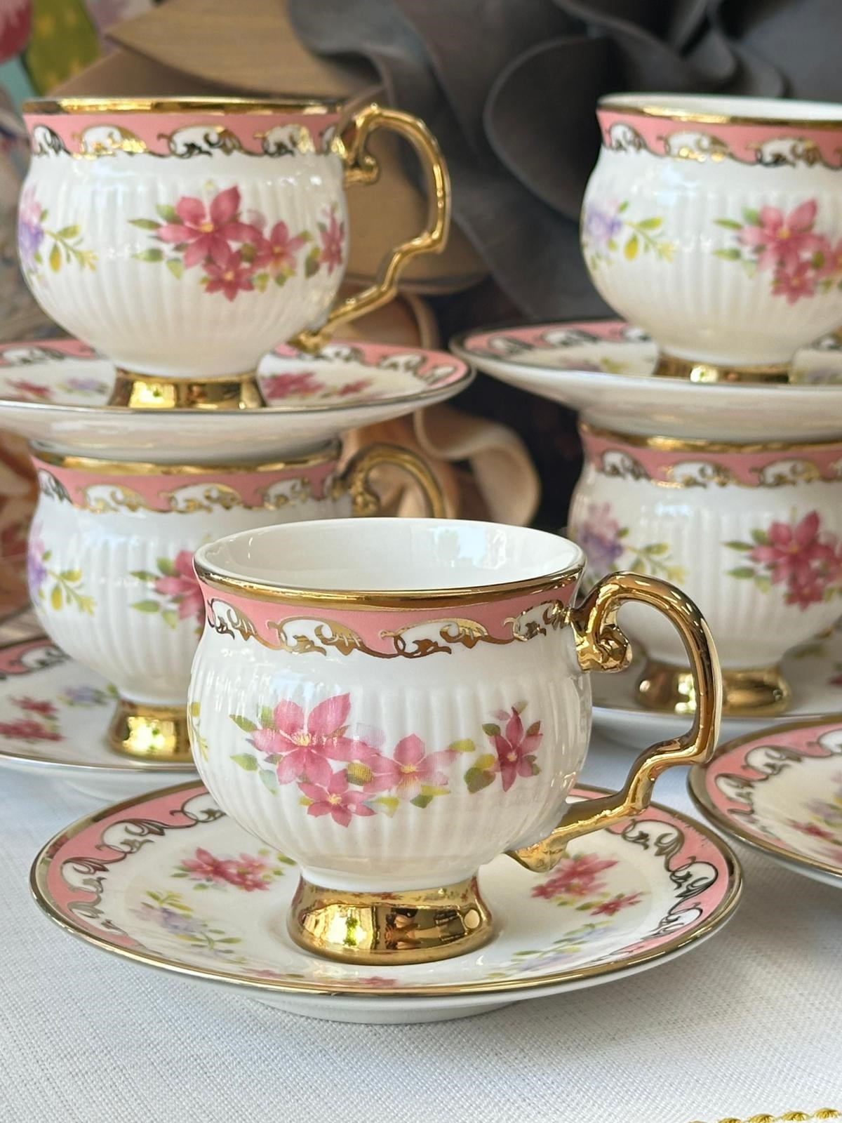 Türk Kahve Fincanı Sakura Pembe 6 Kişilik 12 Parça
