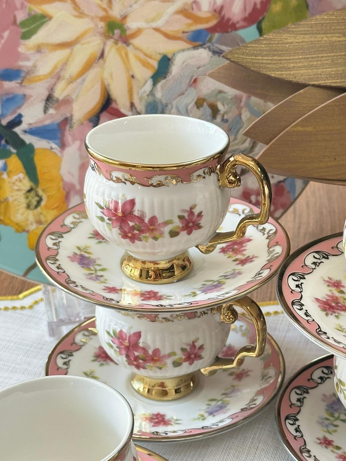 Türk Kahve Fincanı Sakura Pembe 6 Kişilik 12 Parça