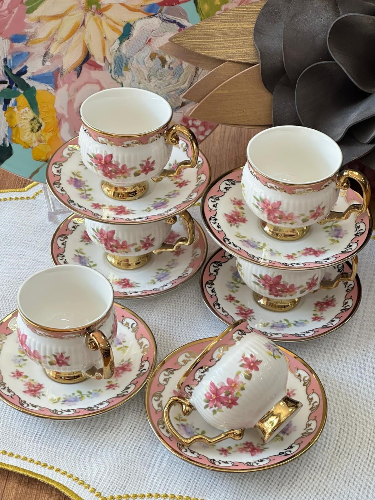 Türk Kahve Fincanı Sakura Pembe 6 Kişilik 12 Parça