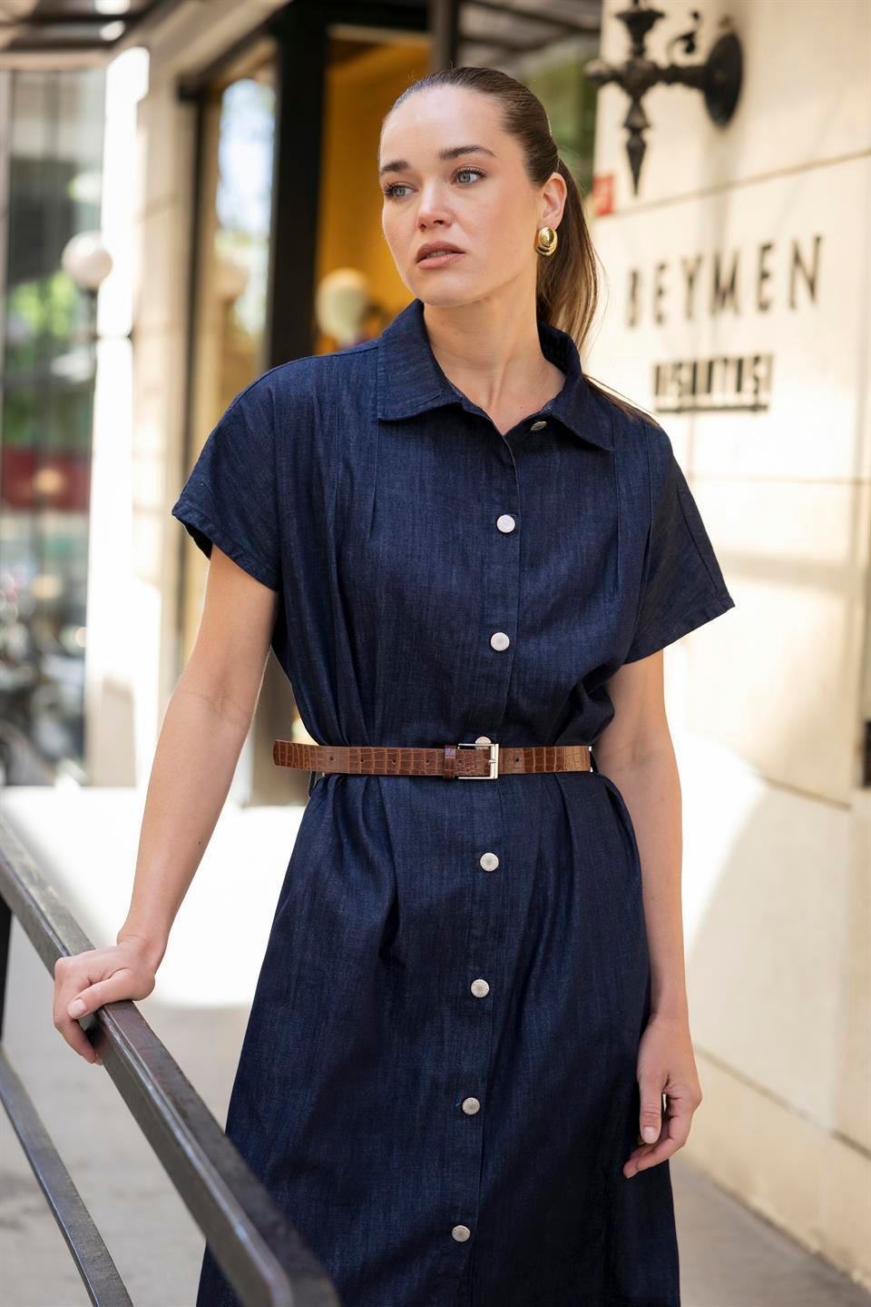 0090 DENİM KEMERLİ ELBİSE LACİVERT