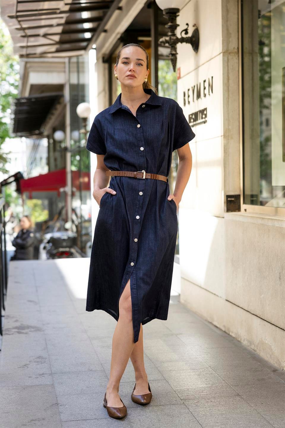 0090 DENİM KEMERLİ ELBİSE LACİVERT