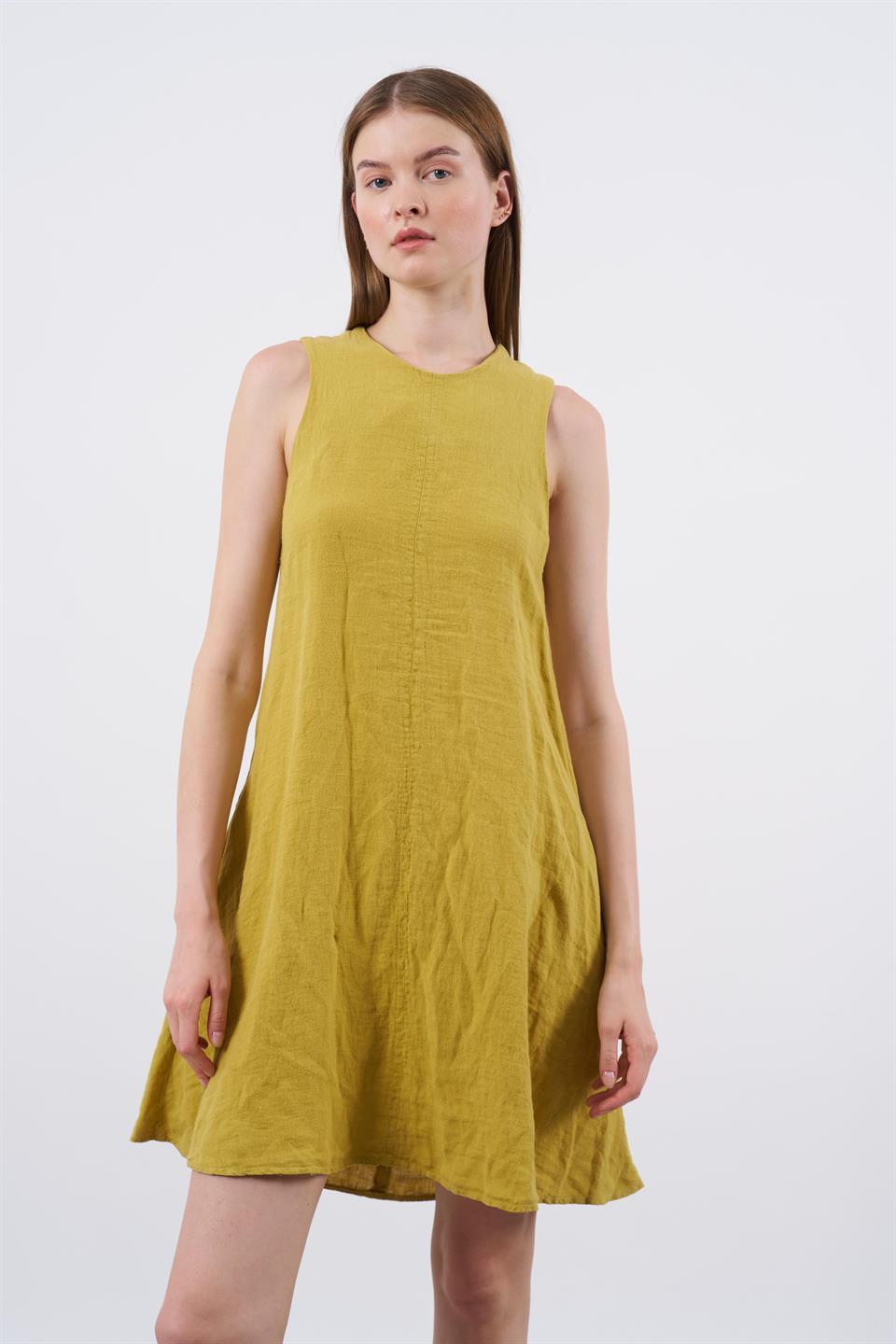 3202 SIFIR KOL KETEN ELBİSE(3181) HARDAL